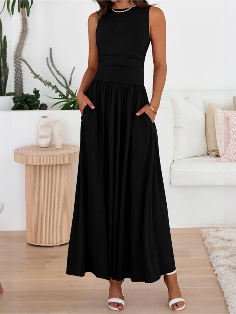 Sleeveless Black Maxi Dress with Gathered Waist